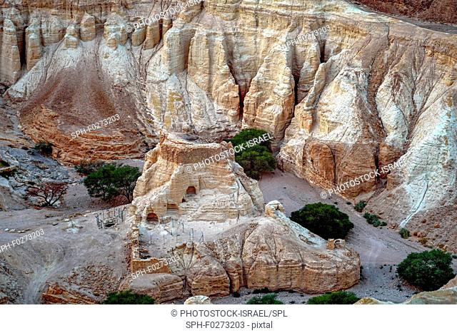 Marl stone formations. Eroded cliffs made of marl, a calcium carbonate-rich mudstone formed from sedimentary deposits. Photographed in the Dead Sea region of...