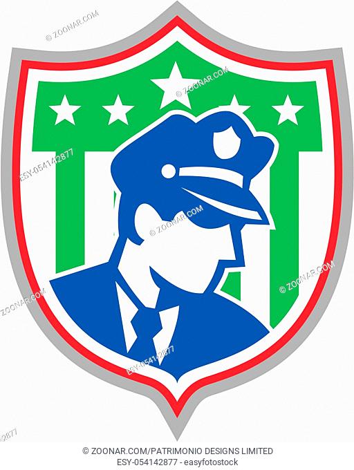 Illustration of a policeman security guard police officer set inside shield crest with stars done in retro style on isolated background