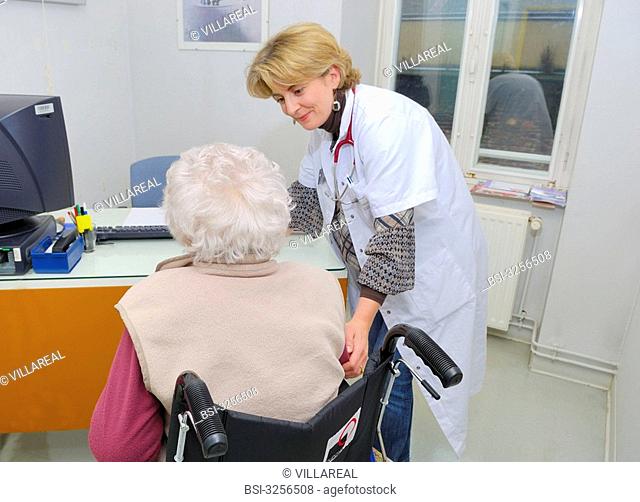 Hotel Dieu, University hospital of Rennes, France. Department of geriatric medicine. Doctor with a patient