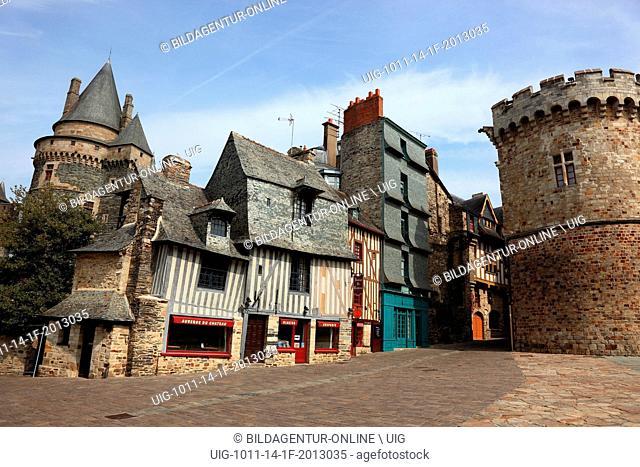 France, Brittany, Medieval houses in front of the castle of Vitre