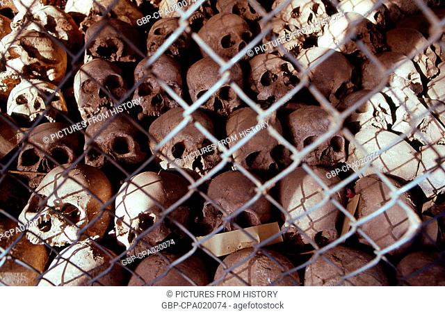 Cambodia: A pile of skulls at the Tuol Sleng Museum of Genocidal Crime, Phnom Penh