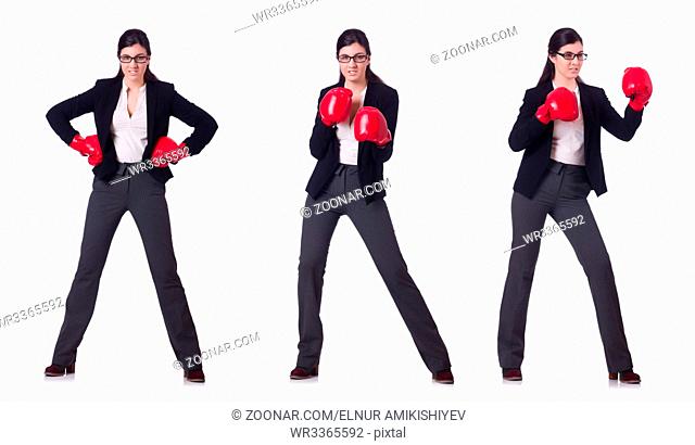 Young boxing businesswoman isolated on white