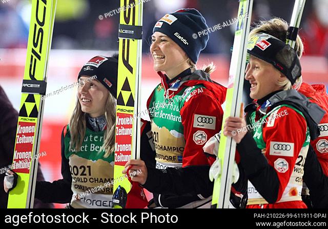 26 February 2021, Bavaria, Oberstdorf: Nordic skiing: World Championships, ski jumping - team event, women, 2nd round. Austria's Marita Kramer, Chiara Hölzl