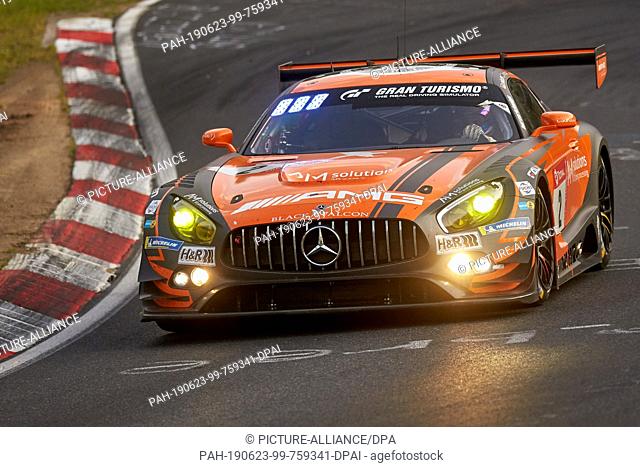 22 June 2019, Rhineland-Palatinate, Nürburgring: The Mercedes AMG GT3 of the Black Falcon team with Adam Christodoulou, Maro Engel