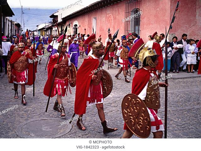 Members of LA MERCED CHURCH dressed as ROMANS to re-enact the crucifiction of CHRIST on GOOD FRIDAY - ANTIGUA, GUATEMALA - 31/07/2009