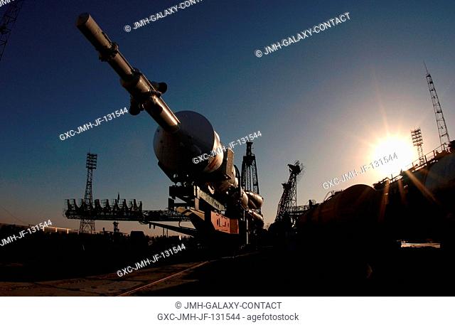 The Soyuz TMA-3 spacecraft and its booster rocket were transported on a rail car to the launch pad and raised to a vertical launch position at the Baikonur...