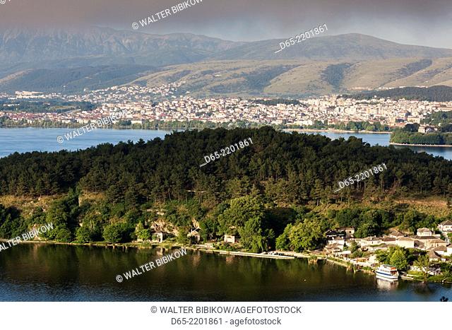 Greece, Epirus Region, Ioannina, elevated city view, Lake Pamvotis and Nisi Island