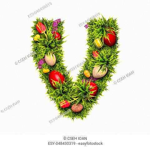 Easter holiday letter V made of fresh green grass and Easter eggs isolated on white background