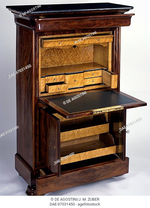 Louis Philippe style drop leaf secretary with Honduran flamed mahogany veneer finish, with black marble top, open. France, first half 19th century