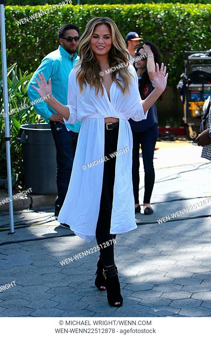 Chrissy Teigen seen at Universal studios where she was interviewed by Mario Lopez for television show Extra. Featuring: Chrissy Teigen Where: Los Angeles