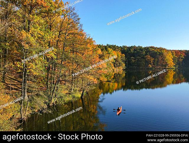 26 October 2022, Brandenburg, Treplin: A person is on the way with a kayak on the Trepliner lake (aerial photo with a drone)