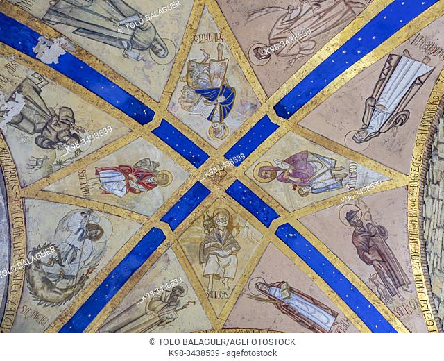 evangelistas y las ocho ermitas de Artziniega, pintura mural del siglo XX, Iglesia parroquial de Nuestra Señora de la Asunción, Artziniega, Alava, Pais Vasco
