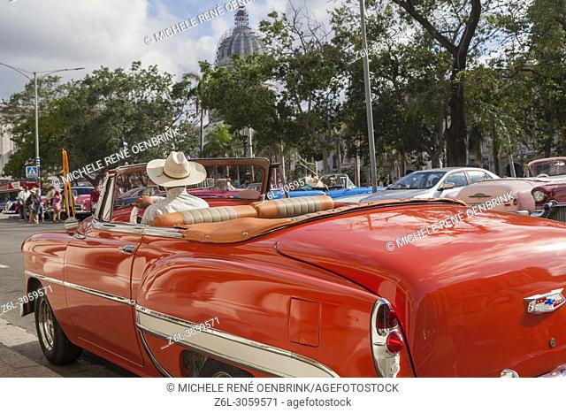 Classic 1950s car in front of the capital building in Old Havana Cuba
