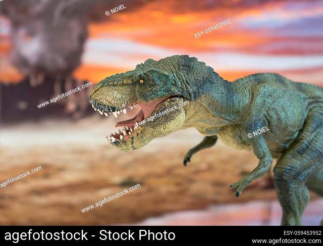 Portrait of walking and dangerous tyrannosaurus rex with erupting volcano in the background. Lateral view
