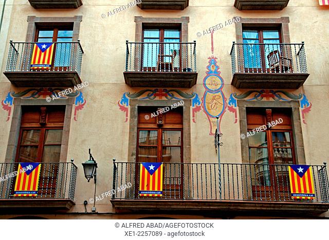 Balconies, Catalan flags, Solsona, Catalonia, Spain