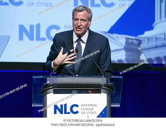 Mayor Bill de Blasio (Democrat of New York) makes remarks at the National League of Cities spring meeting at the Marriott Wardman Park Hotel in Washington