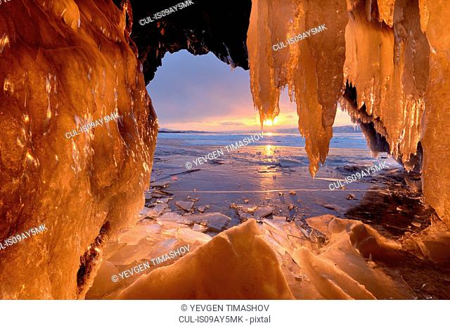 Kharantsy ice caves at sunset, Baikal Lake, Olkhon Island, Siberia, Russia