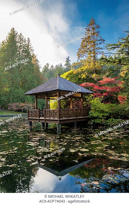 Gazebo and pond, the Garden at Hatley Park, Colwood, Greater Victoria, British Columbia, Canada