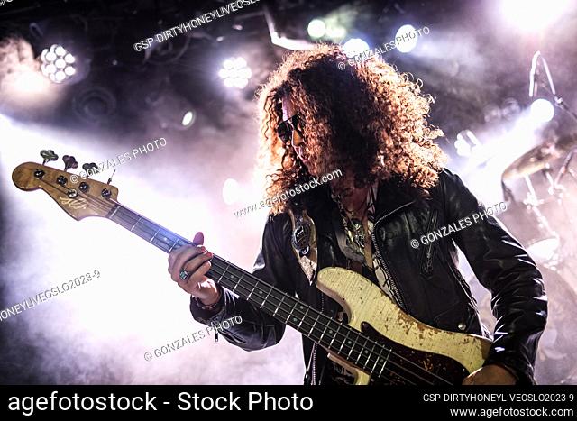 Oslo, Norway. 27th, February 2023. The American rock band Dirty Honey performs a live concert at John Dee in Oslo. Here bass player Justin Smolian is seen live...