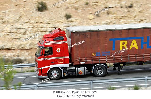 Spain, Catalonia, Lleida province, Highway AP-2, Barcelona Madrid, truck traffic near Vinaixa