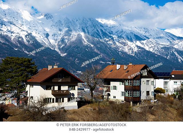 Residential housing, with the Alps in background, Wiltenberg district, Innsbruck, Inn Valley, Tyrol, Austria