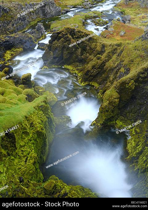 Waterfall Dynjandi in Borgarfjoerdur. The Westfjords (Vestfirdir) in Iceland during autumn. Europe, Northern Europe, Iceland
