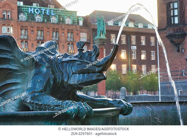 Bronze water spraying dragon sculpture on the Dragon Fountain, Radhuspladsen (City Hall Square), Copenhagen, Denmark, Scandinavia Designed by Joakim Skovgaard...