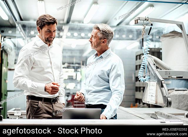 Mature male engineers discussing over laptop in manufacturing industry