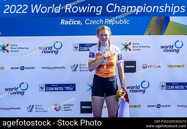 Karolien Florijn of Netherlands won the Women's Single Sculls Final A during Day 8 of the 2022 World Rowing Championships at the Labe Arena Racice on September...