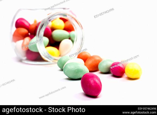 Spilled From Jar Color Candy Isolated On White Background