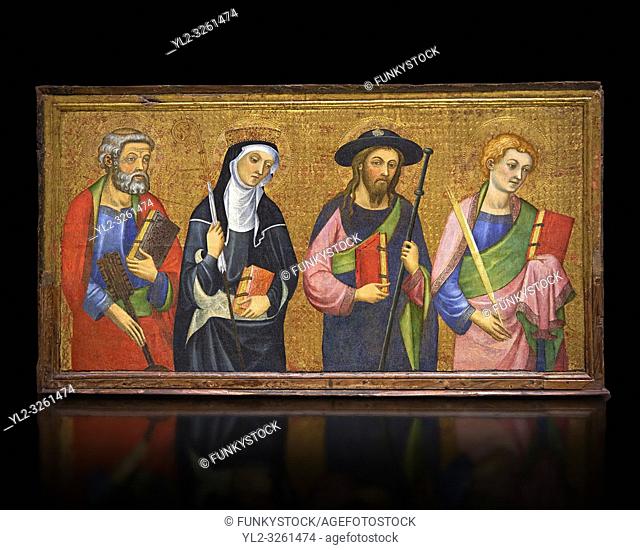 Painted Gothic panels from the Altarpiece of the Virgin of the Angels. . From Left - San Peter, Santa Clara, Saint James the Greater, St
