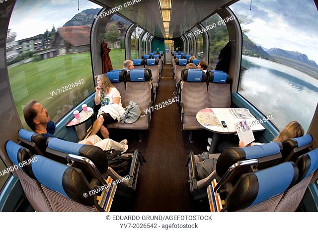 Inside of the Golden Pass Panoramic train to Interlaken direction. Interlaken, Canton of Bern, Switzerland, Europe