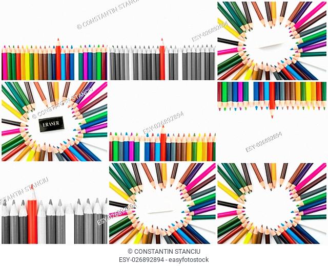 Photo collage of Colouring pencils isolated on white background, education concept image with copy space available