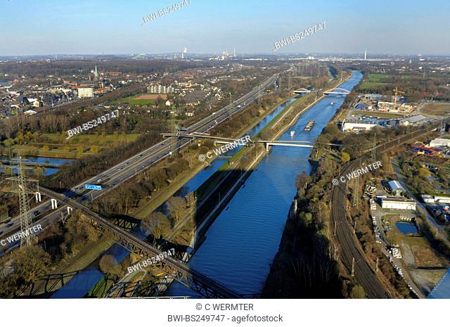view from gasometer of Rhein Herne chanel, Emscher river, and highway A42, Germany, North Rhine-Westphalia, Ruhr Area, Oberhausen