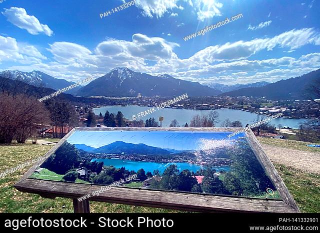 Hiking on the Hoehenweg over the Tegernsee with a view of Rottach Egern on April 1st, 2021. Spring, sunshine, panorama, | usage worldwide