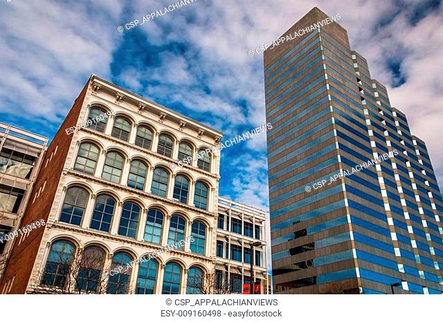 Looking up at buildings on Pratt Street in Baltimore, Maryland
