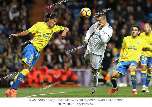 MADRID, SPAIN. November 05, 2017 - Cristiano Ronaldo heads the ball in front of Mauricio Lemos. Real Madrid defeated Las Palmas 3-0 with an spectacular goal...
