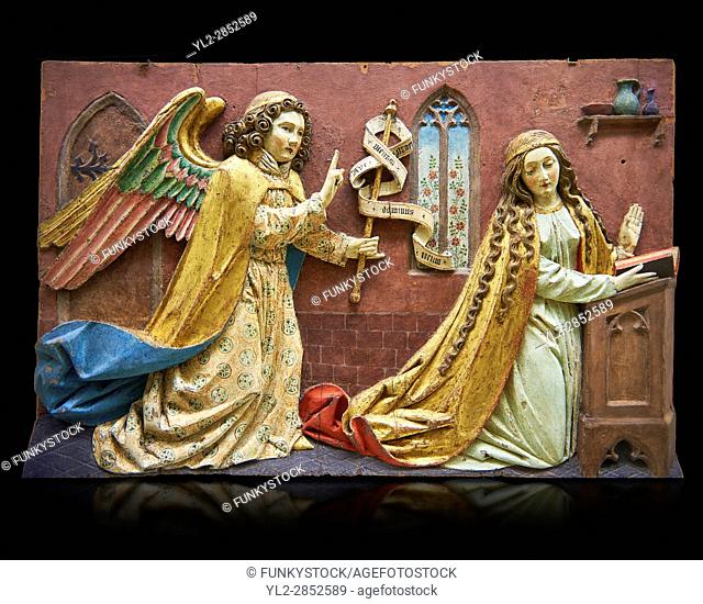 Painted relief panel of the Annonciation of the Virgin, made at the start of the 16th century possibly in the Tyrol, Austria