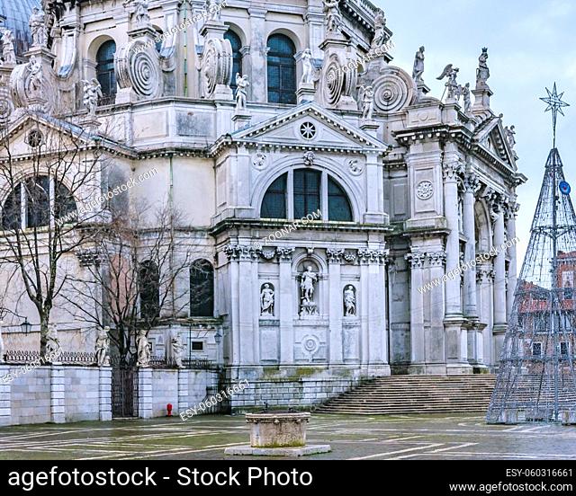 Exterior facade of santa maria della salute, a famous catholic baroque style church located at grand canal at historic center of venice, Italy