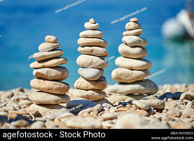 Stones, Cairns, Coast, beach at Lubenice (Sveti Ivan Beach), Cres, Croatia, Europe