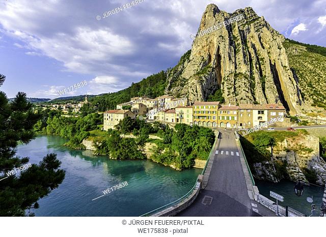 Sisteron and its rock, Provence, France, riverside of Durance with houses