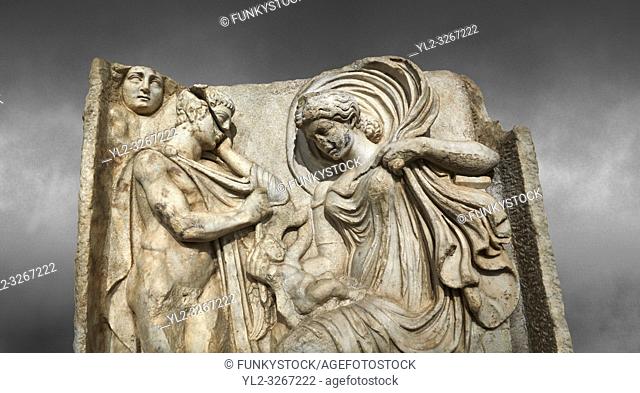 Close up of a Roman Sebasteion relief sculpture of Anchises and Aphrodite Aphrodisias Museum, Aphrodisias, Turkey. . . The Trojan shepherd Anchises gazes at the...