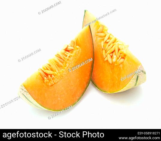 Two Segments Of Cantaloupe Melon Isolated On White