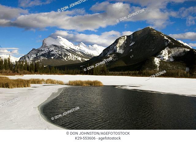 Open water of Vermilion Lakes with Mt. Rundle. Banff National Park, Alberta, Canada