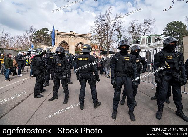 People protest outside the Russian Embassy in Prague, Czech Republic, April 18, 2021 against Putinist Russia and Russia's suspected involvement in an explosion...