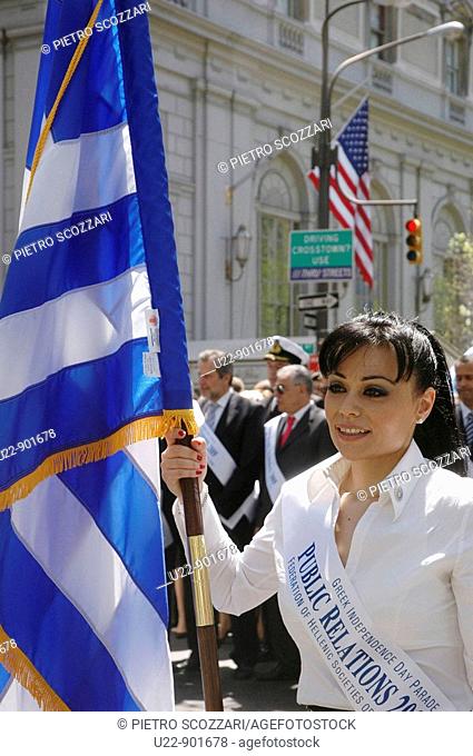 New York City (USA): a Greek standard bearer along the 5th Avenue during the Greek Parade
