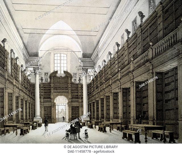 The library room, University of Bologna, lithograph, Italy, 19th century