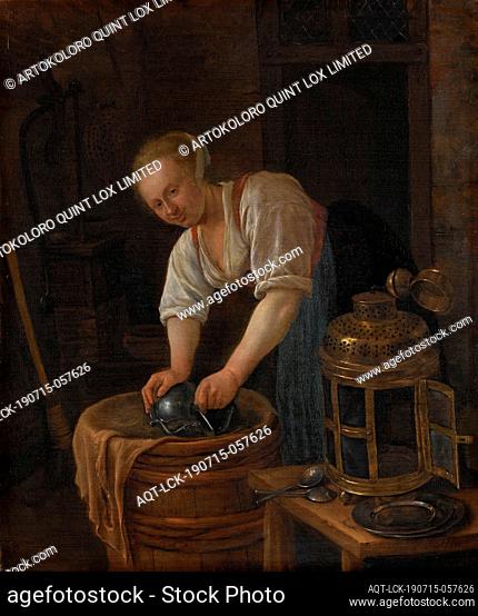 Woman scouring metalware, The boiler scourer. In a utility room a young girl scrapes a tin can on a barrel. Next to her on a chair are a lantern