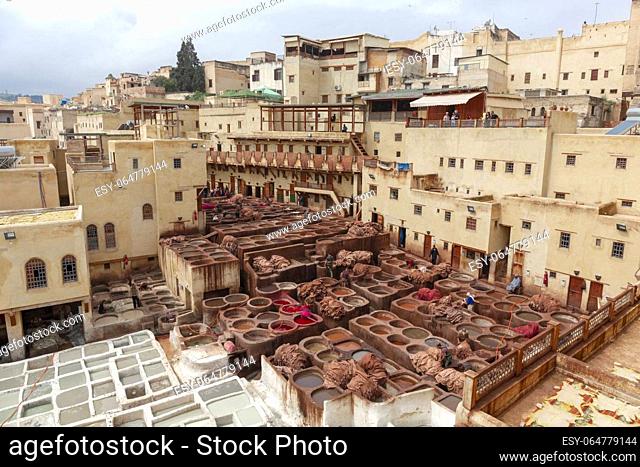 Men working hard in Chouara tannery souk in Fez, Morocco. The tannery souk of weavers is the most visited part of the 2000 years old city. Africa