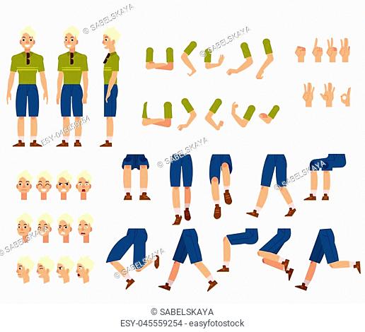 Young man creation set - guy with blonde hair in t-shirt and shorts with sunglasses. Isolated various body parts, face emotions